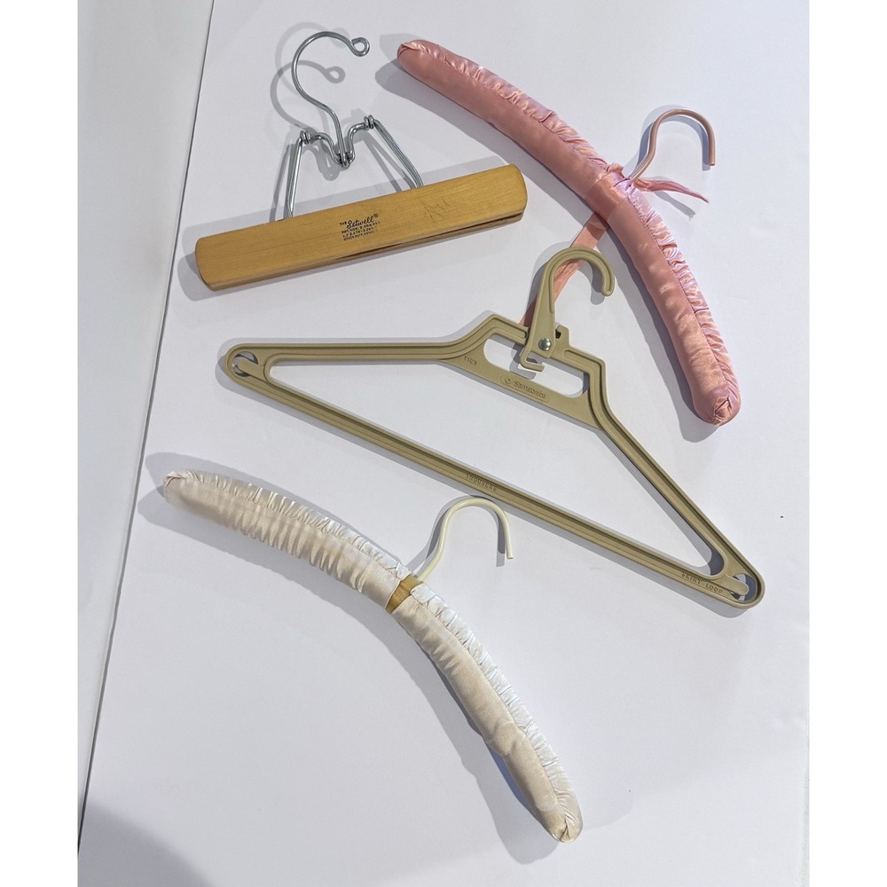(4) Vintage Clothes Hangers, 1 Samsonite, 2 Satin Covered, 1 Wooden Clamp Hanger